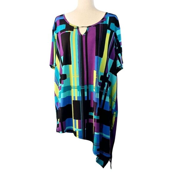 Cato Tops - CATO Asymmetrical Blouse Bold Geometric Short Sleeve Jewel Tone Plus Size 3X